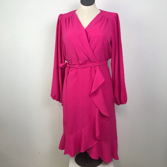 Luxology Wrap Dress Women’s Size XL Color Pink Ruffles V-Neck Long Sleeve Hi-Low - Picture 15 of 15